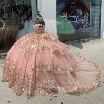 2023 Златна рокля Sweet 16 Quinceanera с кружевными апликации, коктейлни рокли Vestidos De Baile, бална рокля