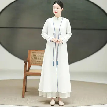 2023 пролет-есен подобряване на горно облекло hanfu в китайски стил, дамски топ, ретро бельо памучен яке с дълги ръкави, тела