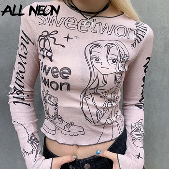 ALLNeon, стил на 2000-те, Тениска с дълги ръкави и шарките от картун Kawaii за момичета, Дебнещ обещаващи Върхове с кръгло деколте, Y2K, Тъканни Тениски-ризи