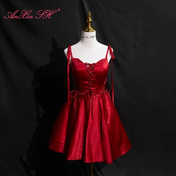 AnXin SH princess вино-червен сатен, спагети-колан без ръкави, расшитый мъниста, вечерни рокли с лък, кратко вечерна рокля дантела, с Малка червена рокля