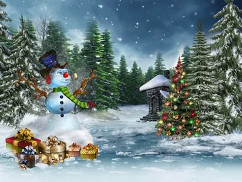 cartoony Коледен подарък под формата на снежен човек, борова гора, деца, детски рожден ден, студиен фотофон, фон за снимки, банер