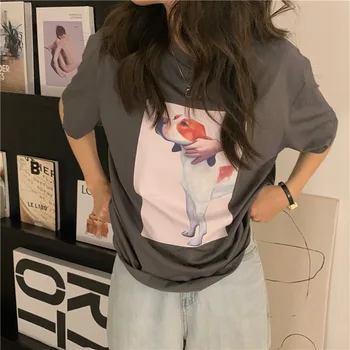 CGC Лятна Дамска тениска оверсайз от 100% памук 2023, Свободни тениски с принтом в корейски стил, всекидневни топ с къс ръкав, Дамски дрехи