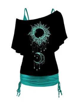 Dressfo Тениска с принтом на Слънцето и Луната, перекосившийся силует, който да се вее ръкав, Отгоре от две части, Летни Дамски ежедневни ризи с рюшами, Дълга на настилки върху циментови основи