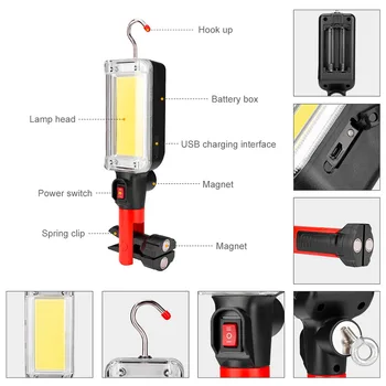 Enjoydeal COB Work Light USB Акумулаторна батерия за преносим led фенерче, Водоустойчив Регулируем Магнитен клип за къмпинг фенер 18650