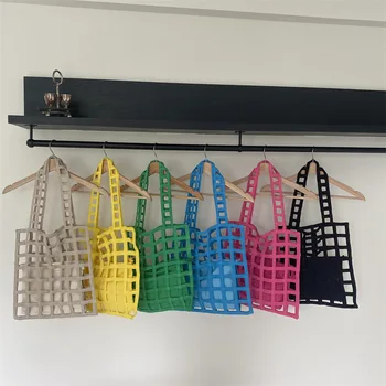 Hylhexyr, летни почивки, чанта за през рамо с ярки цветове, дамски отворени мрежести торби, плетени калъф за плетене на една кука, Женствена чанта от полиестер и памук