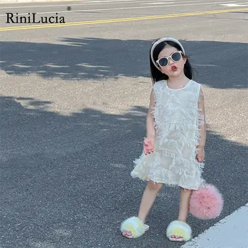 RiniLucia 2023, нова рокля за момичета, детски летни рокли, однотонное детска рокля без ръкави с пискюли за момичета, детски дрехи в корейски стил