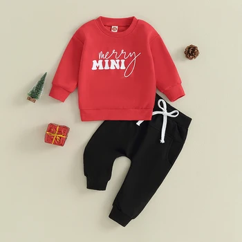 Suefunskry, Коледен комплект за новородено, hoody с писмото принтом за малки момчета и момичета, Пуловери и панталони с еластичен ластик в талията, роклите