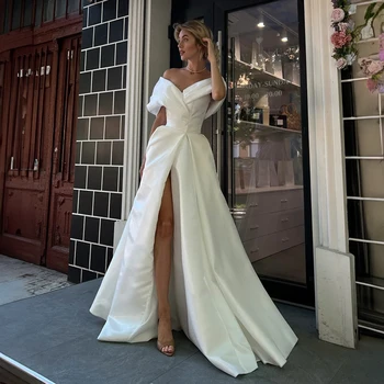 Атласное сватбена рокля с открити рамене и високи цепка, секси придворен Струята, корсет с отворен гръб, сватбени рокли за официалната сватба