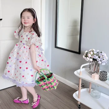 Бебешка рокля в корейски стил 2023, Пролетта и лятото новата рокля с везикулозната ръкави за момичета, Милото ежедневното просто сладка рокля на Принцеса