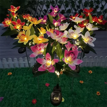 Безжична лампа на слънчеви батерии, Водоустойчив Цвете орхидея със 7 глави, 42 светодиода, Външно украса за градината, Топла бяла светлина за косене на трева, пътеки