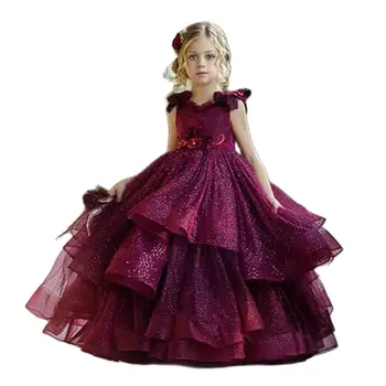 Бордовое Пищни тюлевое рокля на цветчета за момичетата на Сватба, Дантела и Мъниста, Конкурс за красота за малки деца, Бални рокли за Парти в чест на рождения Ден на Принцеса
