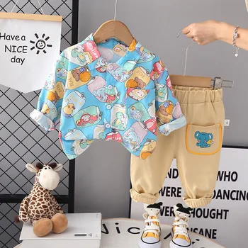 Бутик за Дрехи за малки момчета, комплект дрехи за деца, 2023 г., Риза и панталон с дълги ръкави и анимационни герои в корейски стил, детски костюми