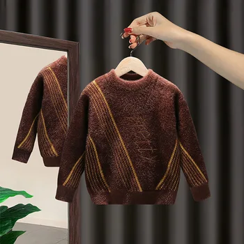 Вълнен пуловер за момчета, вязаный на една кука, памучно плетиво, 2023, черен плътен кадифе, есенни и зимни ученически върхове, топло детски дрехи