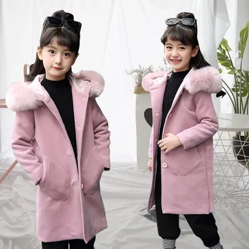 Вълнена палта за момичета, Розова, топла утепленная детски дрехи, кожа яка, Памучен връхни дрехи за младежи и юноши XMP363
