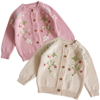 Вязаный жилетка за малки момичета, Пуловер Принцеса с бродерия на цветя и ягоди, Детски пуловер за деца, Есента вязаный жилетка
