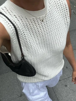 Вязаный Прозрачен жилетка без ръкави, монофонични Директен женски пуловер с кръгло деколте, 2023 Летни дамски блузи за почивка на плажа