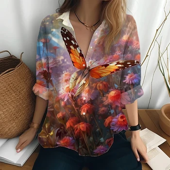 Градинска Ежедневни Дамски Връхни Дрехи, Нова Риза с 3D принтом Пеперуди, Хавайски Женска Риза с дълги ръкави, с Модерна Риза