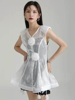 Дамска бяла блуза от органза с обемно цвете и бутони, нова риза без ръкави, с V-образно деколте, мода пролет-лято O099