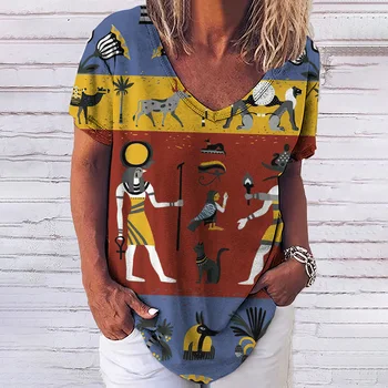 Дамска риза в стил ретро с 3D египетските мотиви, дамски дрехи, Летни тениски с V-образно деколте и къс ръкав, дамски градинска облекло в стил Харадзюку, блуза Оверсайз
