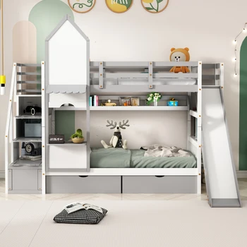 Двуетажно легло в стил Twin-Over-Twin Castle с 2 чекмеджета, 3 рафтове и пързалка за мебели за спалня на закрито, сив