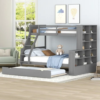 Двуетажно легло, две единични легла над пълноценен двуетажно легло с чекмедже и рафтове, може да бъде разделена на три отделни легла-платформа, здрави и трайни