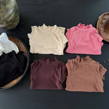 Детска тениска с дълъг ръкав, есен-зима, Нова корейската риза с висока воротом за момичета, памучни тениски за момичета, детски блузи с волани