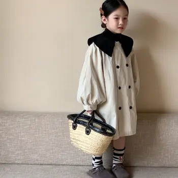 Детски дрехи Есен ветровка за момичета двубортное палто с везикулозната ръкави, ветровка с дълъг деколте и къси ръкави за момичета 2023