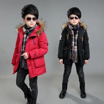 Детски дрехи, зимни нова памучен яке за момчета, корейската версия на средна и дълга детска дебелото памучни якета с качулка от 3 до 14 години