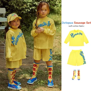 Детски дрехи С дълъг ръкав + къси панталони, комплект от 3 теми, Есенна ежедневни спортни hoody за момичета и момчета, Детски жълто облекло