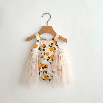 Дрехи за малките момичета 2023 Лятото Ново Модно рокля от мрежа с флорални принтом Кукла Принцеса Сладък Случайни Прост гащеризон за бебето