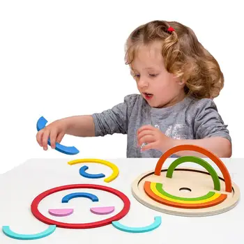 Дървената играчка за подреждане на дъгата, креативна играчка за подреждане на цветовете на дъгата прикачени файлове, строителни блокове, диск, забавни играчки, подходящи за деца, Момче