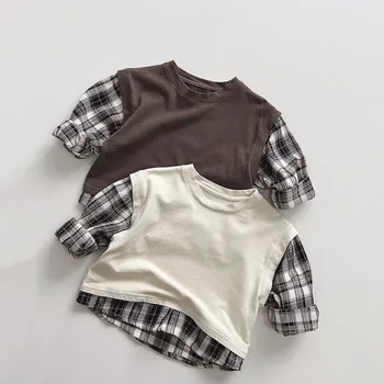 Есенна детска лоскутная риза в клетката за момчета, Ежедневни тениски с дълги ръкави за момичета, Модни памучни тениски за бебета