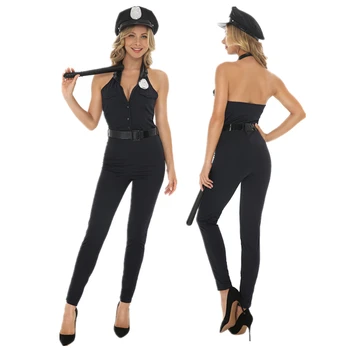 Жена секси костюм на полицай за cosplay, Черно офис гащеризон полицай, карнавалните костюми за възрастни жени-полицаи на Хелоуин