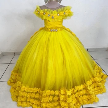 Жълта рокля на Принцеса с цветя модел за момичета 2023, Тюлевые Бални рокли с шнур под формата на кристално цвете, Детско рокля за Първо причастие, vestidos