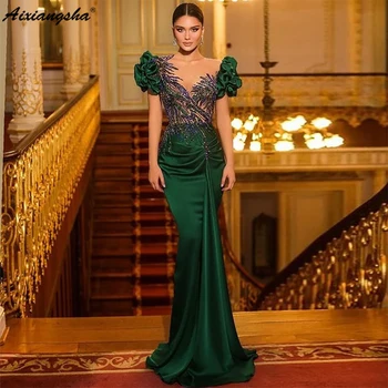 Зелена Атласное рокля за Бала Aixiangsha с V-образно деколте, Модни Апликации, Буйни Ръкави, Яка, Вечерни, Коледни Рокли, Клуб Рокля