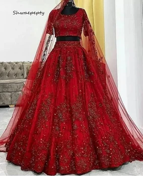 Индийски Тъмно-червени Рокли за Бала С воал, Кружевными Апликации, Бродирани мъниста, От две Части, с Дължина до пода, Трапециевидное Вечерна рокля за жените
