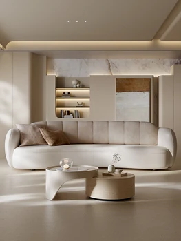Италиански извити кожен диван, дизайнерски стил, прости модерен, с полукръгла разтегателен кремава всекидневна за дома