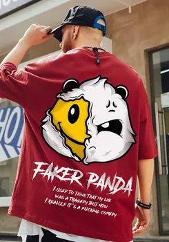 Китайска Тениска с надпис Oversize Panda с къс ръкав, Мъжка мода Fat Ins, модни европейската и американската тениска с голям ръкав