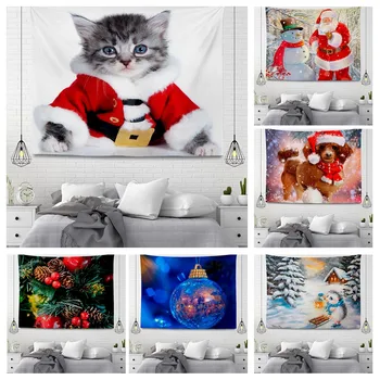 Коледна украса за дома с животни, декорация за стая, стенен гоблен, естетическо изкуство за спални, голям текстилен стенен гоблен