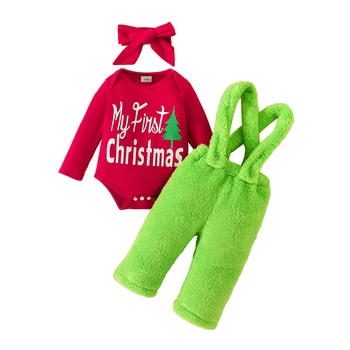 Коледно Облекло за новородени Момичета, Боди с дълъг ръкав с монограм, Зелени Панталони-прашка, Комплект от 3 теми 0-18 месеца