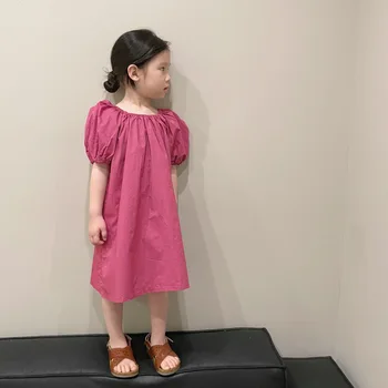 Корейската детски дрехи 2023 Корейското Лятна Бебешка рокля с пищни ръкави и отворен гръб за момичета