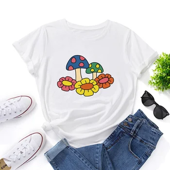 Креативна дамски памучен тениска с флорални гъбен модел, който е кръгъл отвор, Свободни ежедневни дамски блузи големи размери с къс ръкав