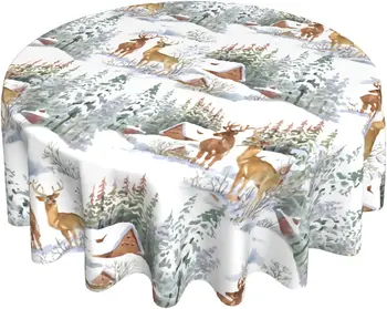 Кръгла покривка с коледен елен 60 инча, зимата снежно бяла покривка от полиестер, Празнична украса украса за Коледа