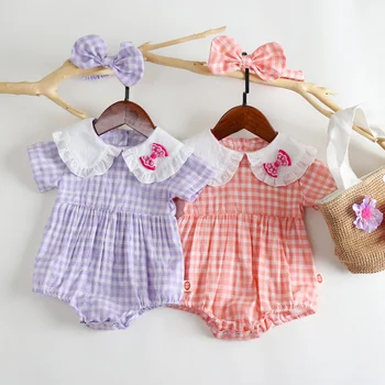 Летни дрехи за новородени момичета, Гащеризон с цветна бродерия и отворотами за деца, Памук кариран гащеризон за празнични дрехи за момичета