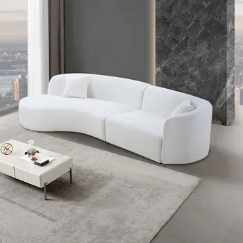 Луксозен Заоблен диван с открит басейн с шезлонг в модерен интериор за хол, Комплект от 2 теми, Секционни Диван с дясната си ръка, Букле, Бял