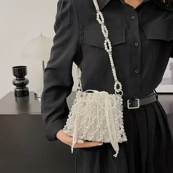 Луксозна Дизайнерска Марка Перлена чанта ръчна изработка на рамото за жени 2023, Нова леки Луксозна мини чанта от мъниста, Елегантна чанта за телефон