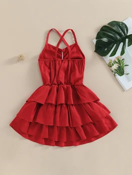 Лятото плиссированное рокля за малки момичета, детски хубава лятна рокля трапецовидна форма с тънки спагети презрамки с перли (червен 6-7 години)