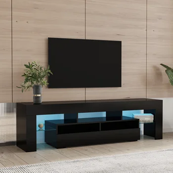 Мебели за хол Шкаф за телевизор, с 2 чекмеджета и 2 открити рафтове, на 20-цвят RGB led осветление с дистанционно управление, черен цвят