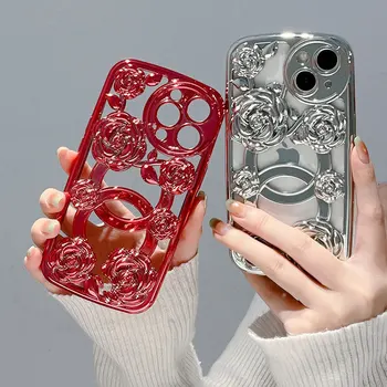 Модерен выдолбленный Калъф За мобилен Телефон с покритие покритие във формата на рози За iPhone 11 12 13 14 Pro Max 14 plus, Луксозен устойчив на удари Мек Калъф