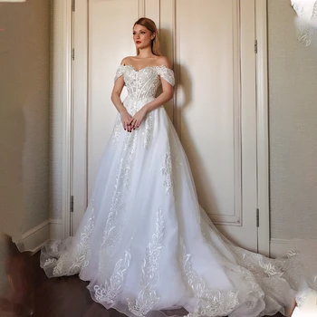 Модерни Сватбени рокли Принцеса с дантелен аппликацией и отворени рамене, Вечерна Рокля за Младоженци 2023 Vestido De Noival
